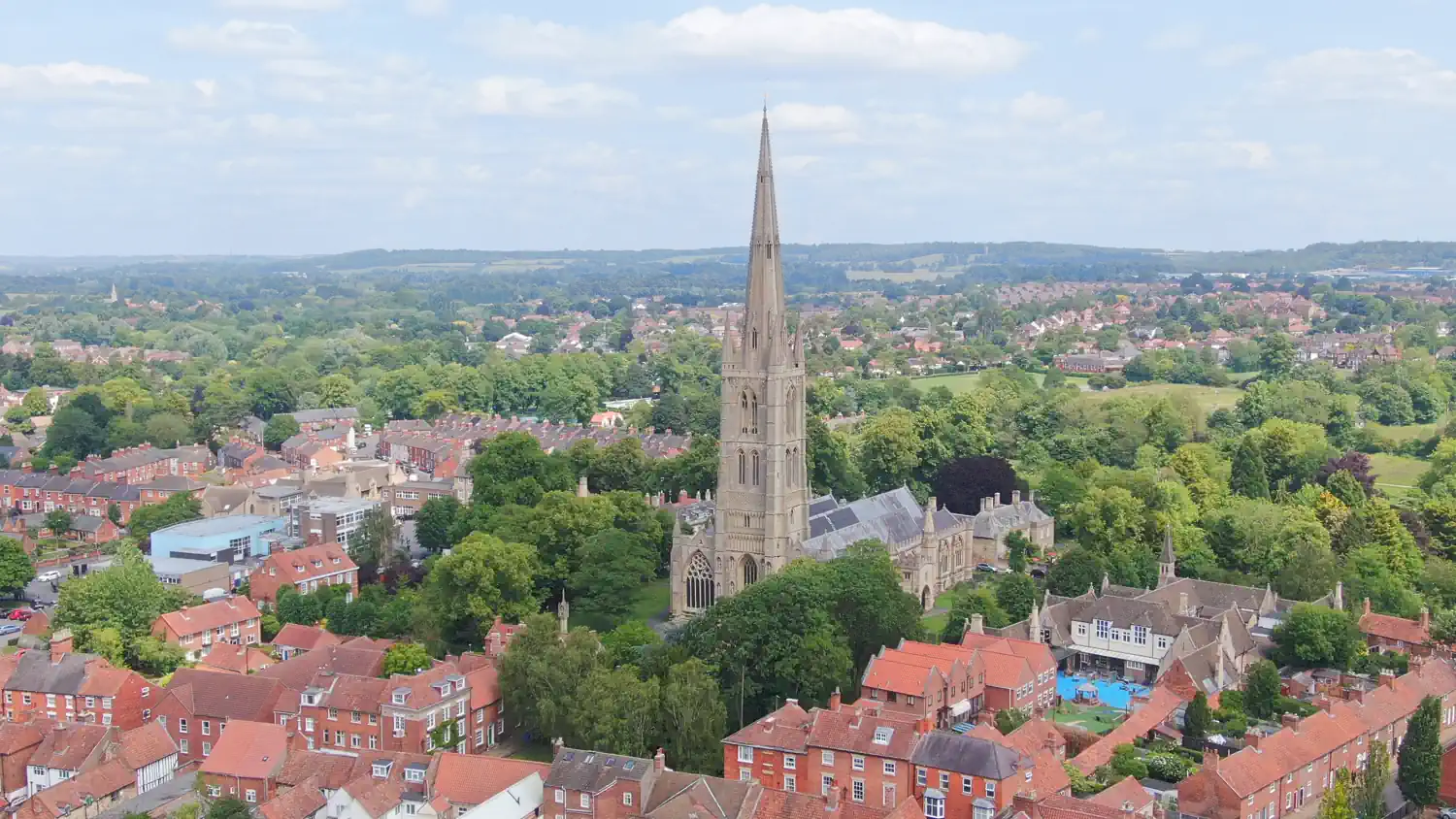 Aerial view of St Wulfram's Church and the rooftops of Grantham